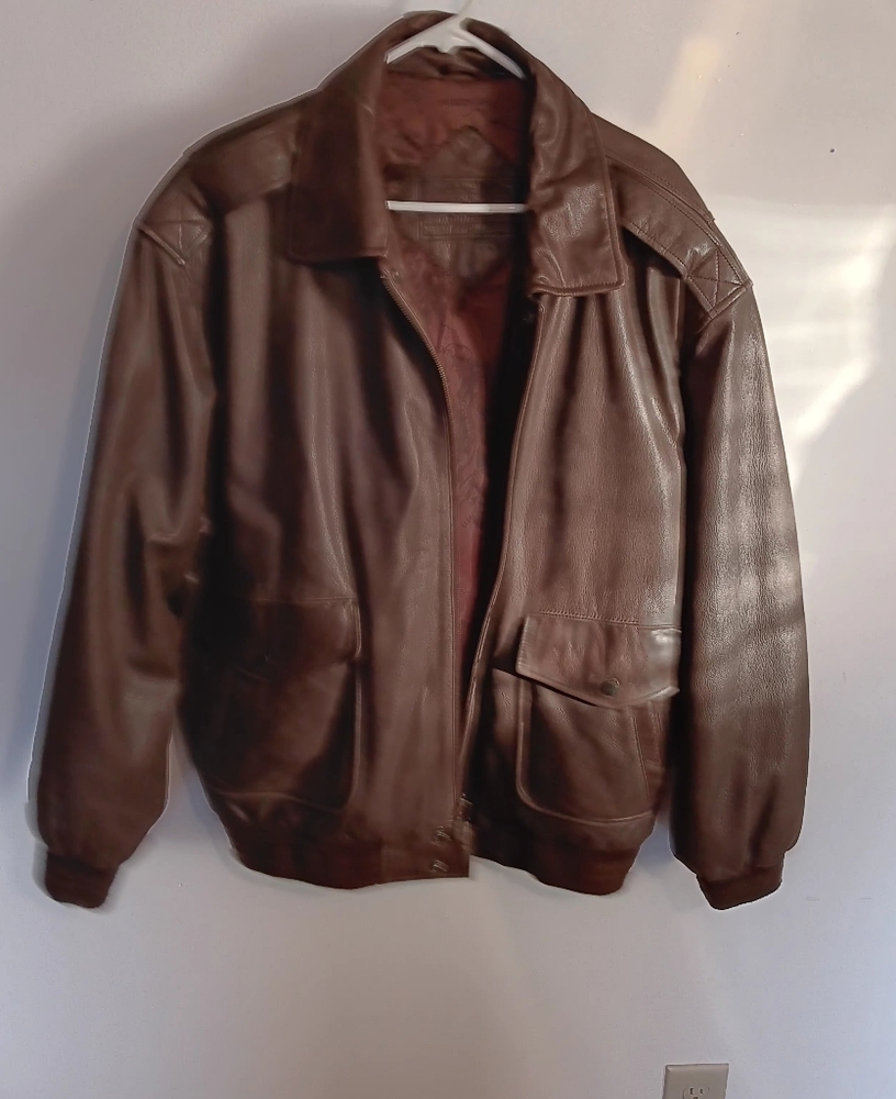 Brown leather bomber jacket